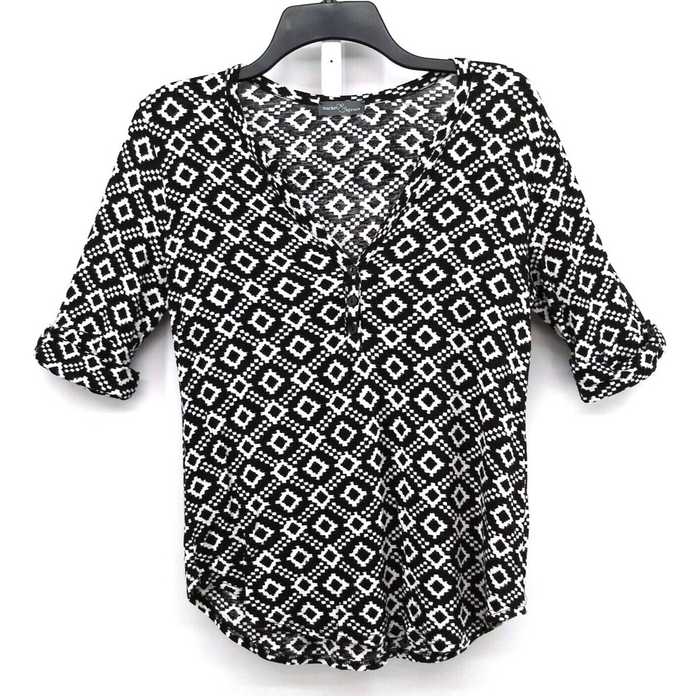 Market & Spruce Shirt Womens XS Black Diamond Short Sleeve V-Neck Blouse